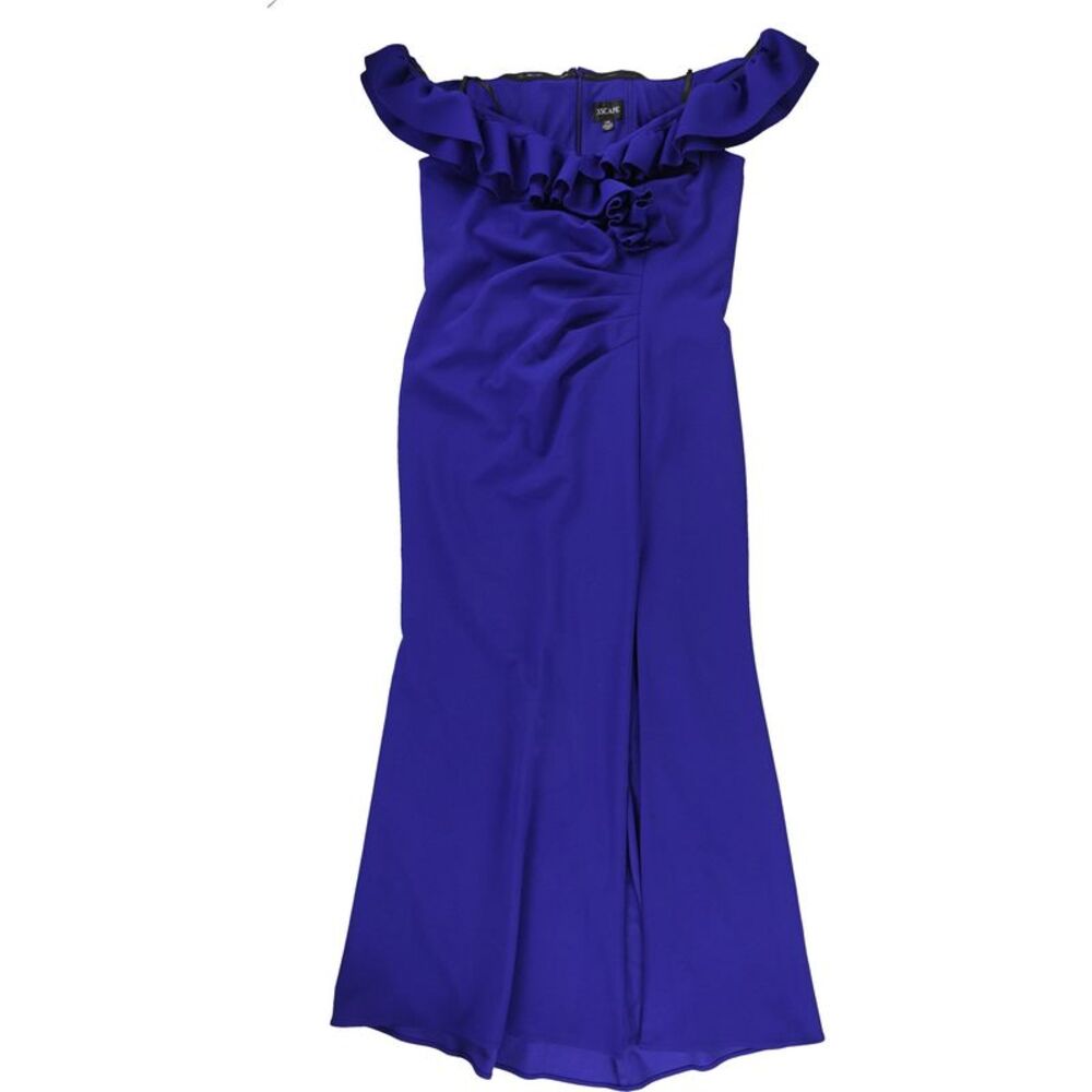 XSCAPE Womens Ruffle Neck Gown Dress, Blue, Plus Size, 14W, DM